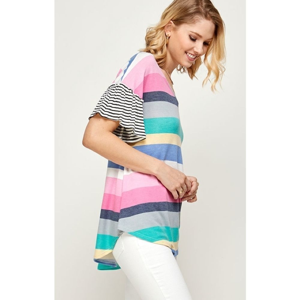 Pink Multi-Stripe Round Bottom Raffle Sleeve Top - Picture 3 of 6